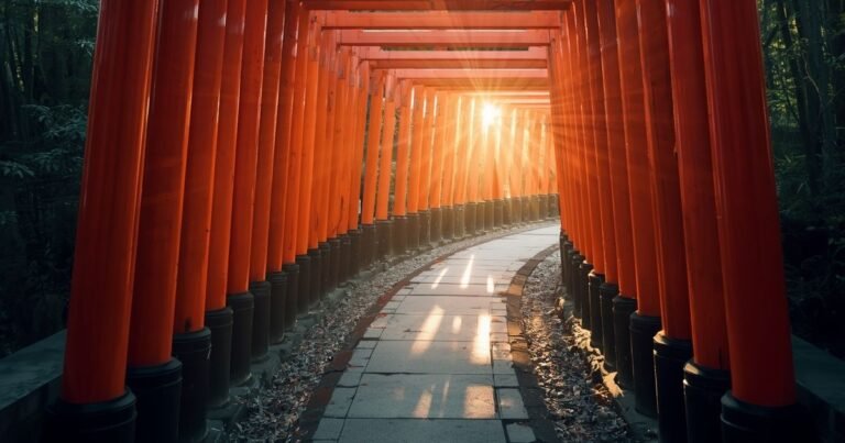 Fushimi Inari torii gate tunnel at sunrise with no crowds, Kyoto Japan