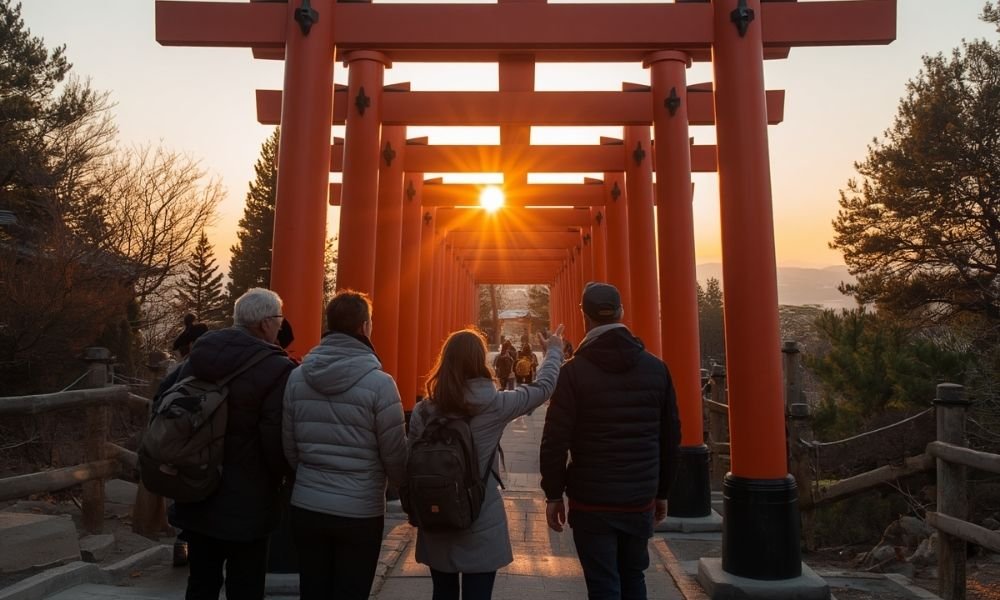 Small group of three people with local guide at Fushimi Inari summit in Kyoto, sunrise light through torii gates, guide pointing and explaining, no crowds
