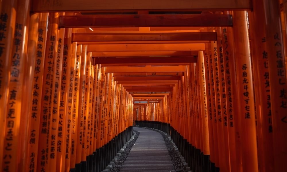 Fushimi Inari torii gates at sunrise with golden light and empty path, Kyoto Japan