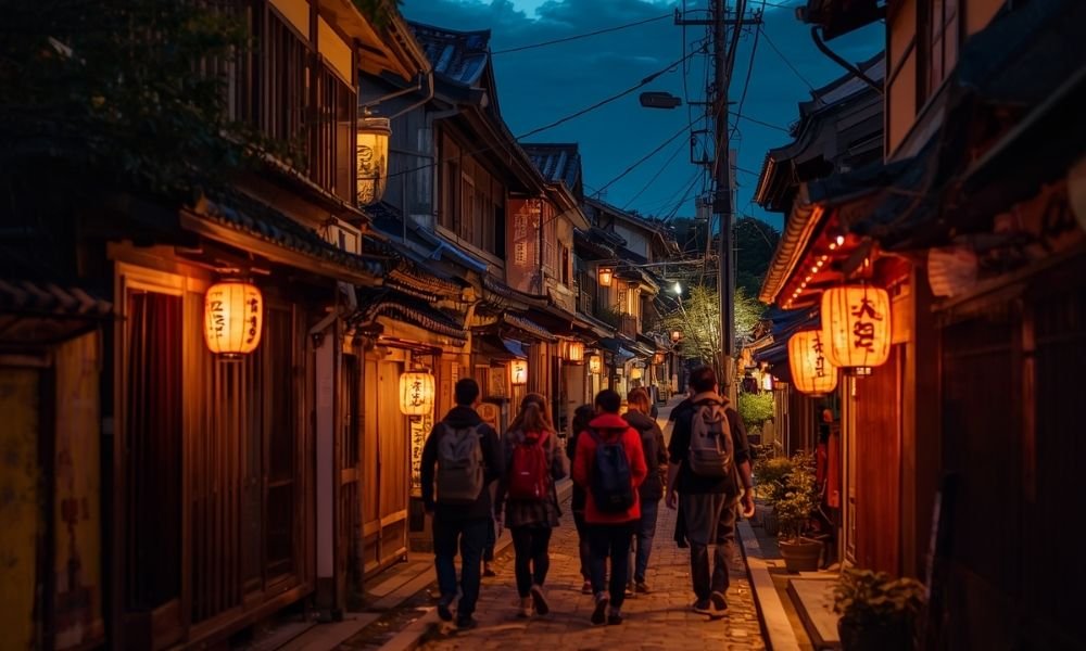 `Small group walking tour through lantern-lit Gion at night with a local guide, Kyoto`