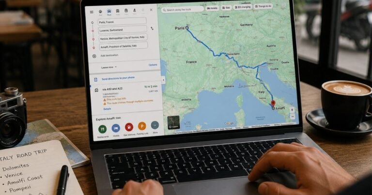 A traveler using a laptop to map out a route on a digital map app at a café table, illustrating a Google Maps trip planner setup.