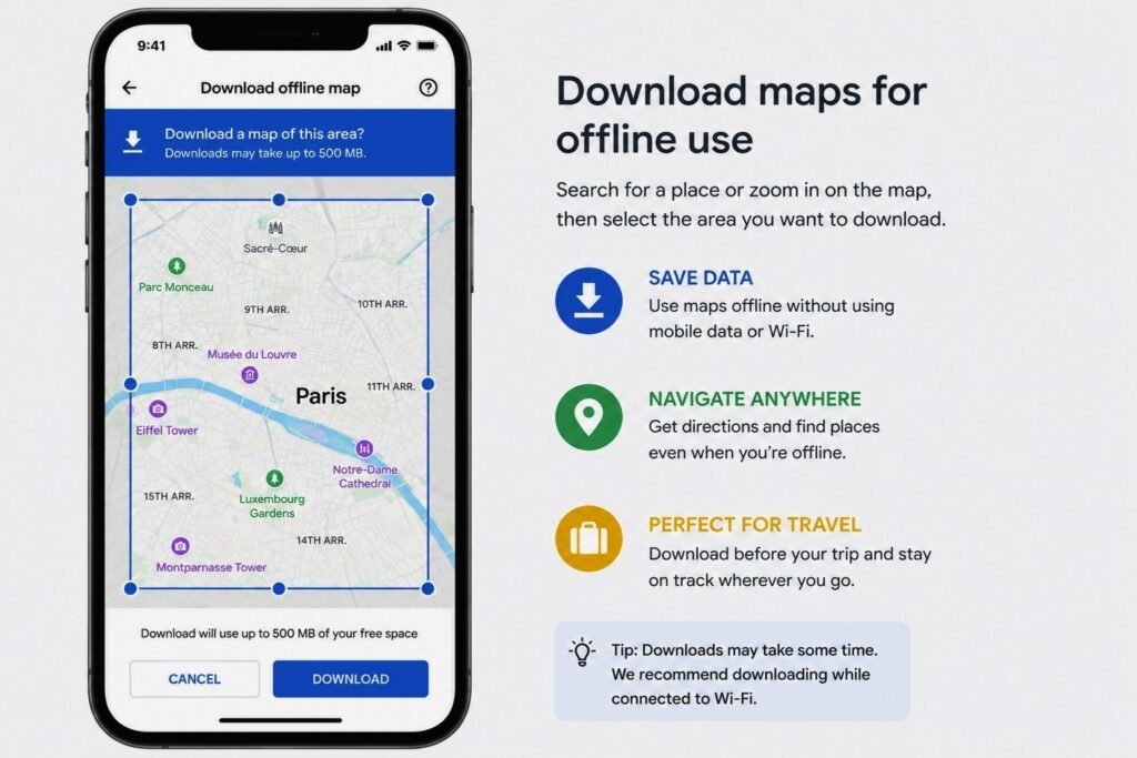 A smartphone screen displaying the rectangular download zone for saving offline maps in Google Maps before traveling.