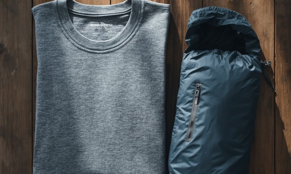 Grey merino wool t-shirt folded next to a packable rain jacket compressed into its own small stuff sack