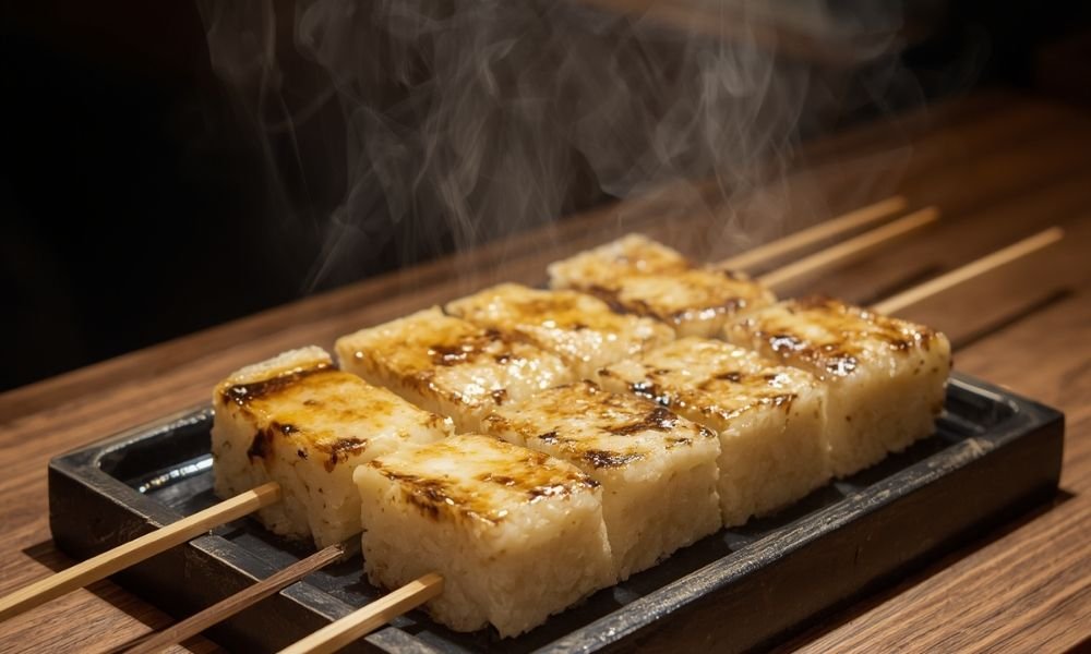 Grilled aburi-mochi rice cakes on wooden skewers, white miso glaze slightly charred, smoke rising, dark wood counter at Ichiwa in Kyoto