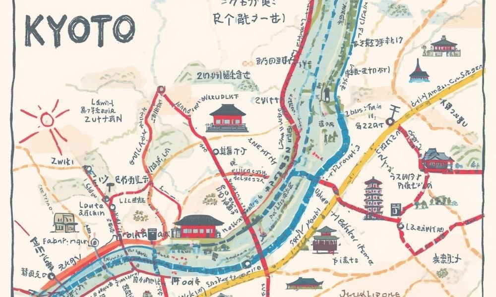 Hand-drawn style map of Kyoto districts, labeled with Day 1 through Day 5 routes, train lines in red, walking paths in blue, temples marked with icons