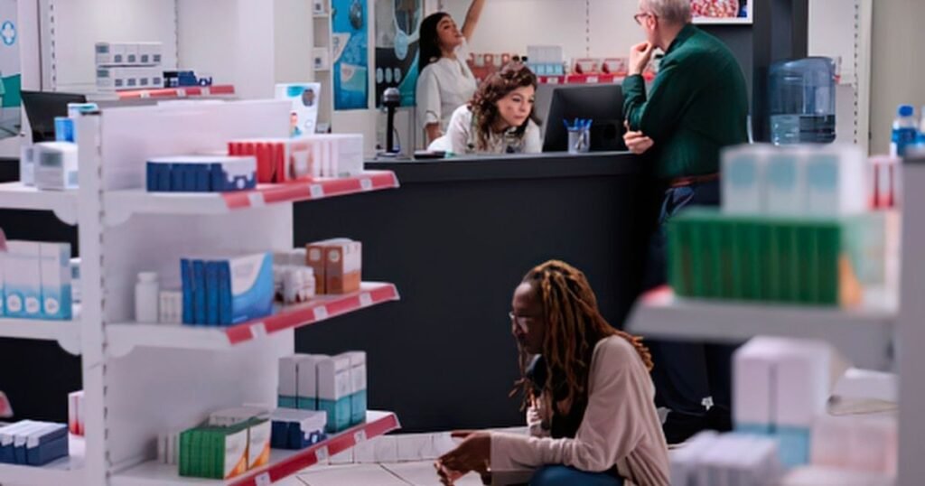 First-person view of hands holding a phone with a chat interface open in a foreign pharmacy at night