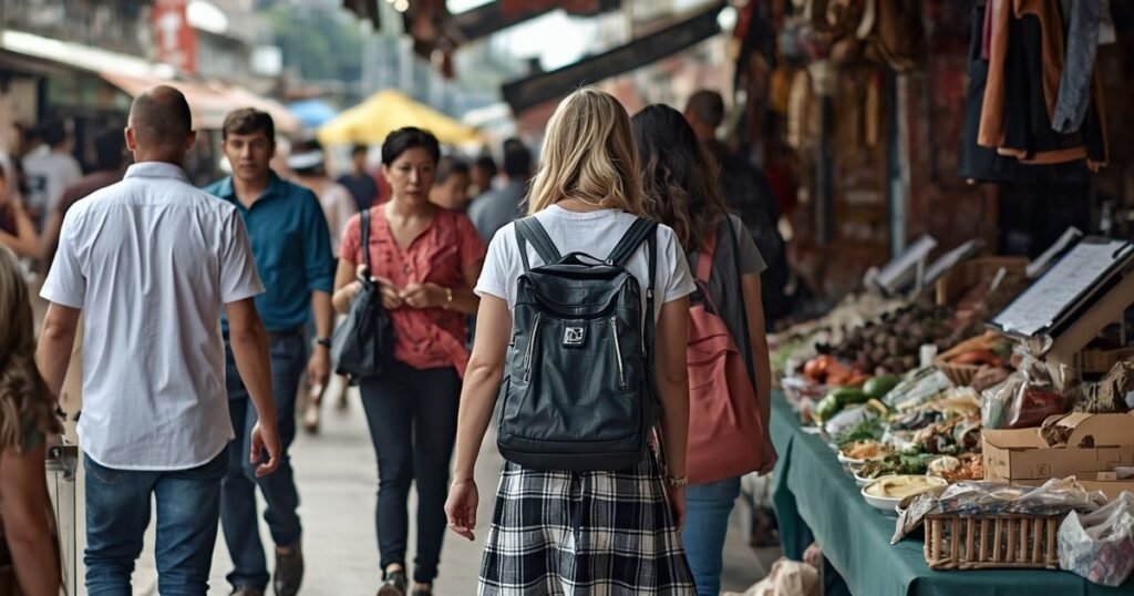 A first time traveler staying alert in a busy tourist market to avoid common travel scams