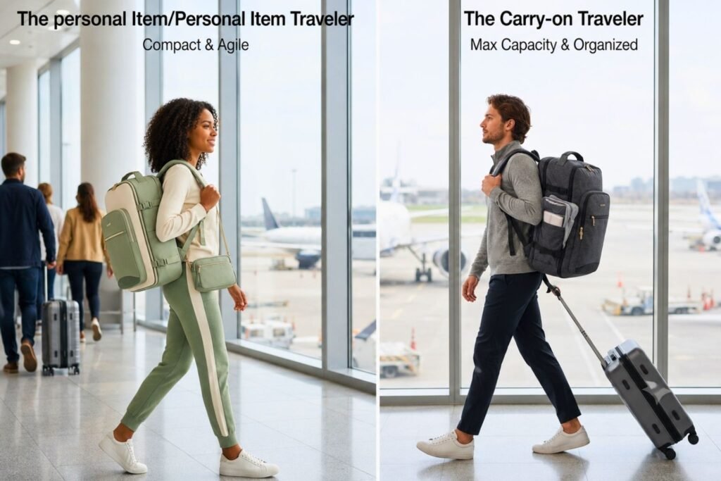 A side-by-side comparison of two travelers in an airport: one carrying a compact personal item backpack, and one with a max capacity carry-on backpack and rolling luggage.
