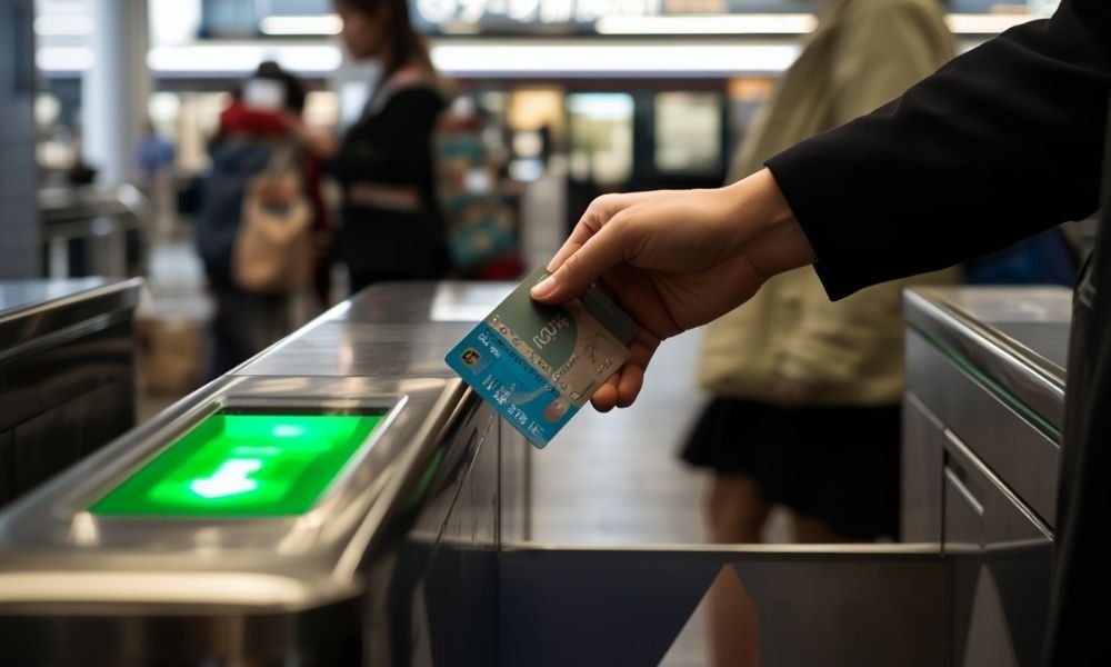 ICOCA transit card tapping through JR West station gate in Kyoto, green light, turnstile opening, morning commuter in background`