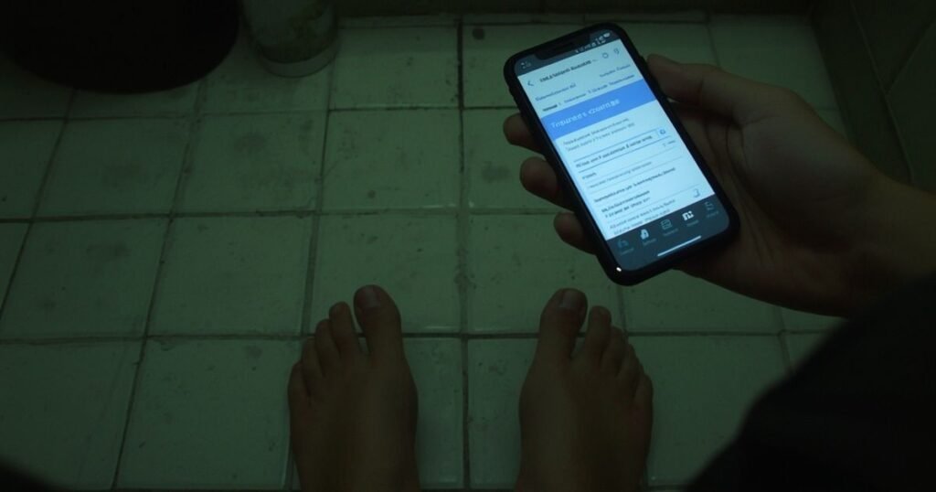 Smartphone showing insurance coverage page glowing on a cold hostel bathroom floor at 4 AM