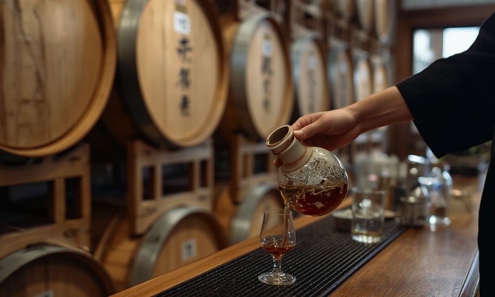 Small sake brewery interior in Kyoto Fushimi, wooden barrels stacked against wall, ceramic flask being poured into small glass, standing bar counter