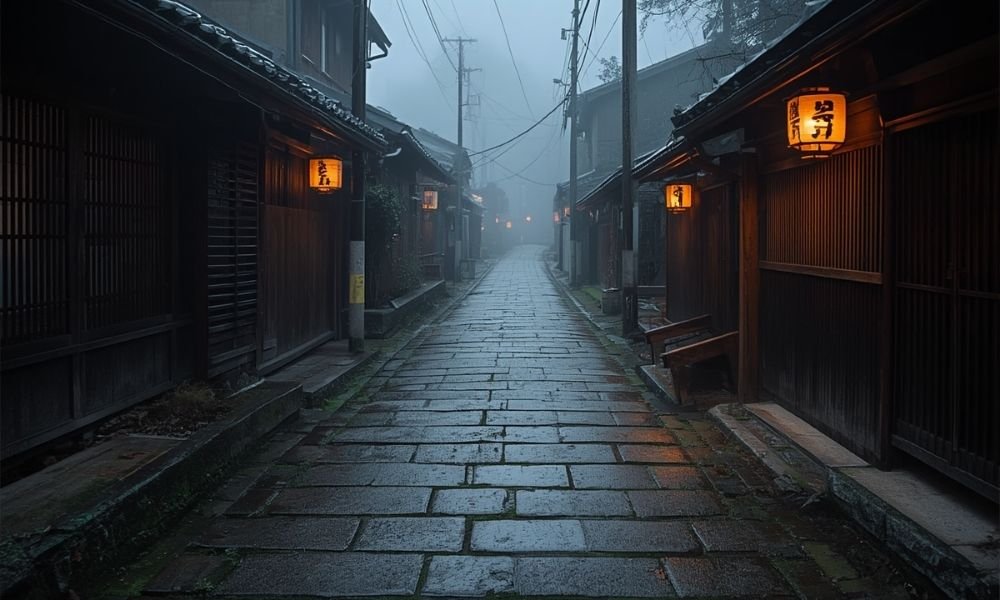 Empty stone path in Kyoto Higashiyama at 6 AM, lanterns still lit, wooden buildings on both sides, single set of footprints in dew, mist rising