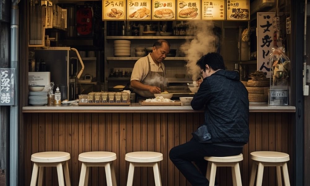 Counter seat at small Kyoto ramen shop, eight stools in a row, single customer eating, steam rising from bowl, chef working behind counter