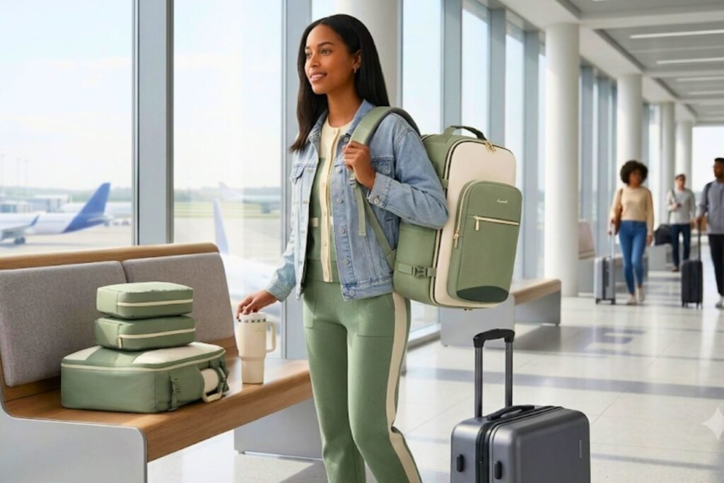 A woman in an airport terminal wearing the green and cream LOVEVOOK 40L travel backpack over her shoulder. Next to her on a waiting bench are matching green packing cubes and a cream-colored travel tumbler, with airplanes visible through the large windows in the background.