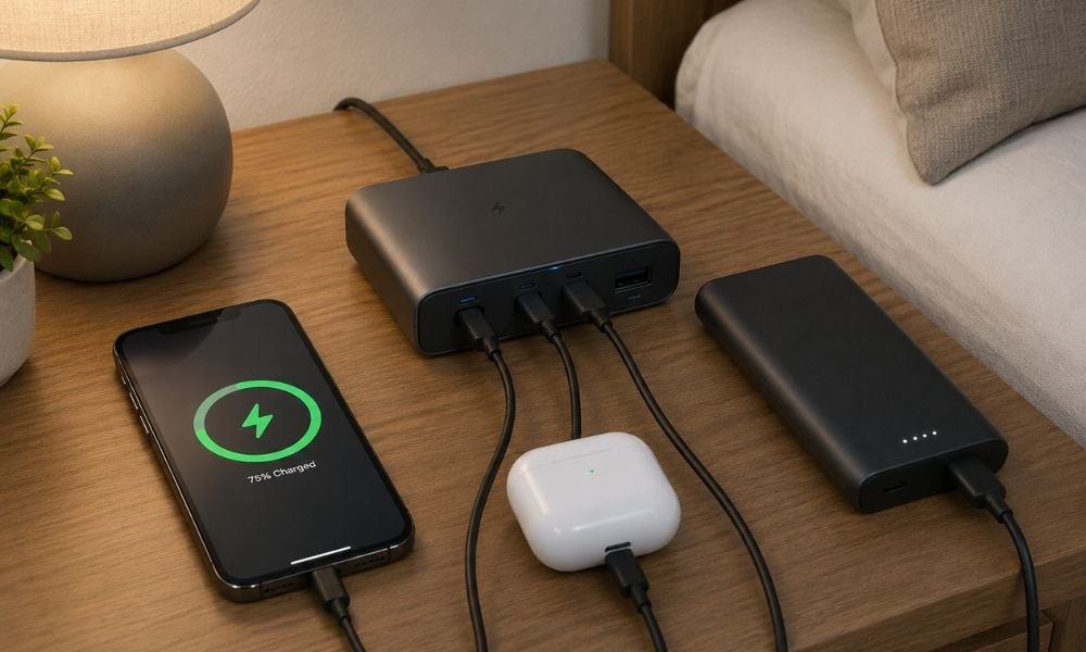 Multi-port USB-C charging hub with a smartphone, power bank, and wireless earbuds all plugged in and charging on a bedside table