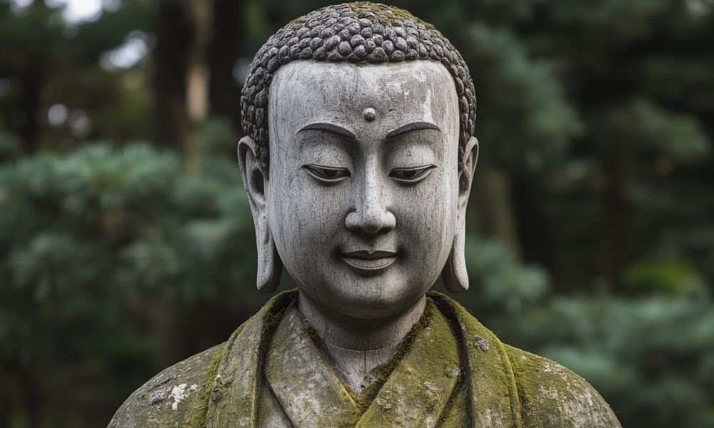 Stone rakan statue at Otagi Nenbutsu-ji temple in Kyoto, moss growing in creases of robe, weathered face with slight smile, cedar trees in background