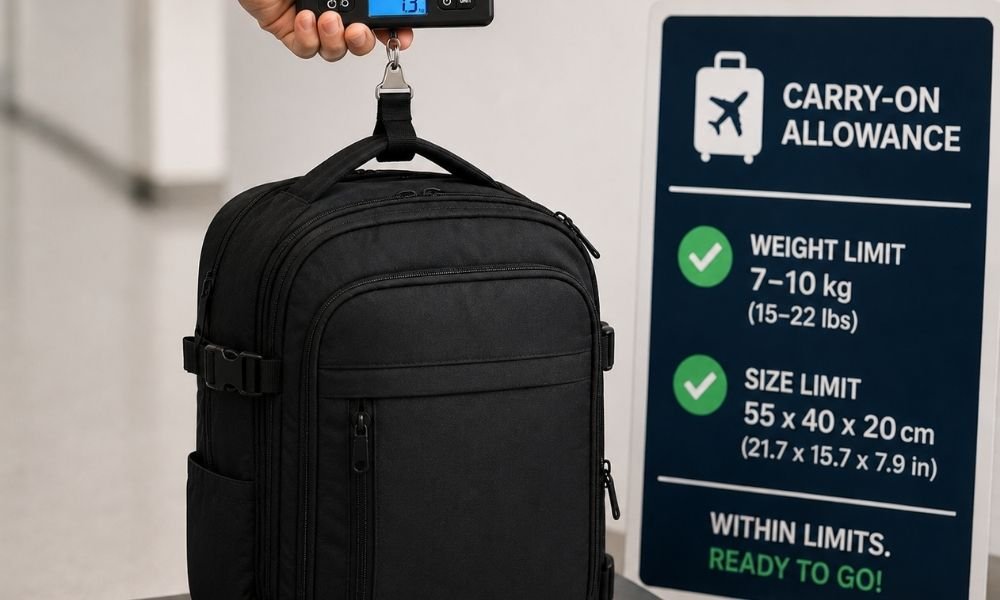 Packed carry-on backpack resting on a portable luggage scale showing weight within airline carry-on limits