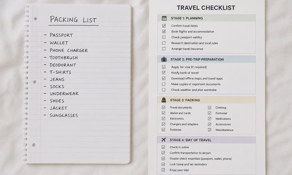 Side-by-side comparison of a simple handwritten packing list and a structured multi-stage travel checklist with tick boxes