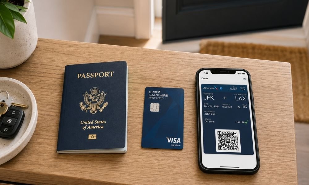 Passport, bank card, and smartphone showing a digital boarding pass laid out in a row on a table near a front door