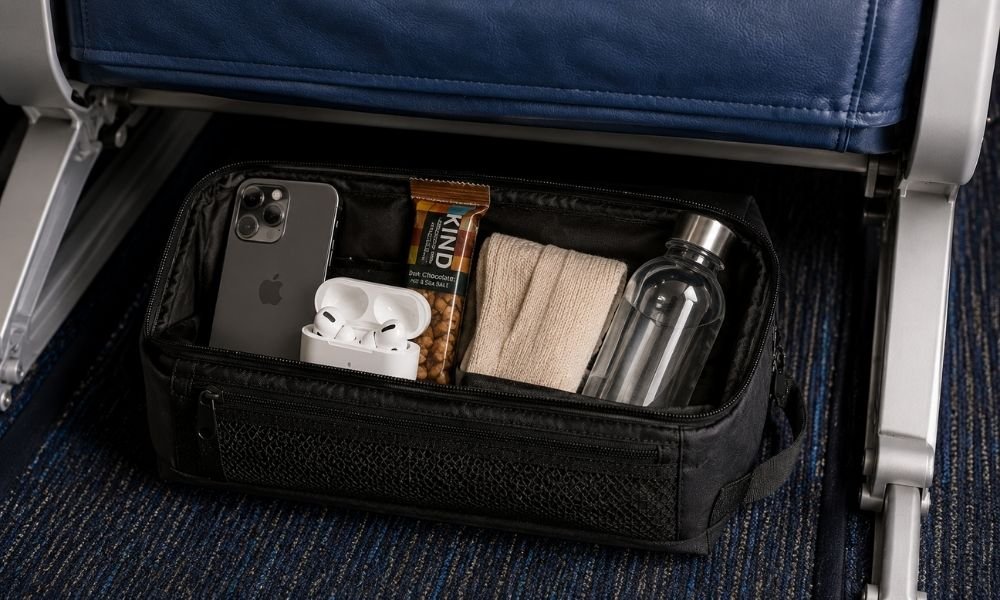 Small travel day bag open under an airplane seat showing a smartphone, noise-cancelling earbuds, snacks, compression socks, and a refillable water bottle