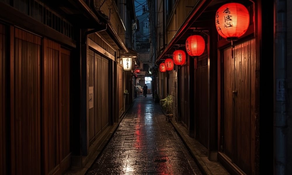 Narrow Pontocho alley in Kyoto at night, red lanterns reflecting on wet stone, closed wooden doors, single bar with warm light, no crowds