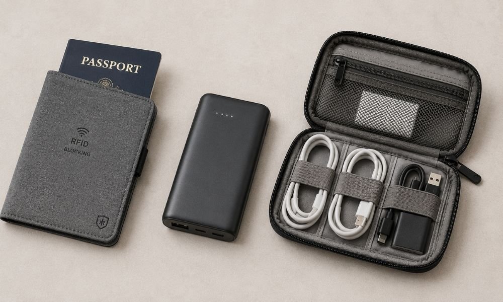 Passport in an RFID-blocking travel holder, a fully charged power bank, and a cable organiser pouch laid out together on a neutral surface