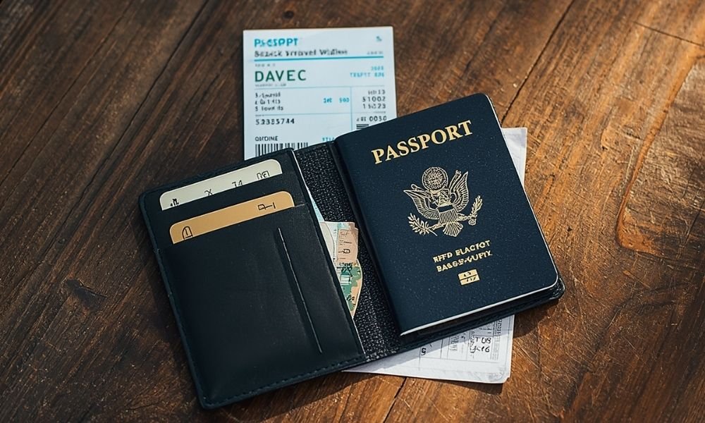 Open suitcase packed with neatly folded clothes, a passport, and travel accessories laid out on a bed