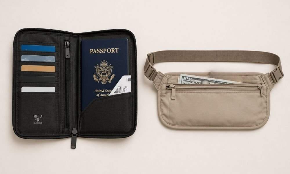 RFID-blocking travel wallet and slim under-clothes money belt laid side by side on a neutral background