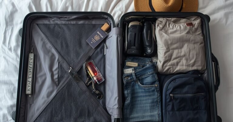 Open suitcase packed with neatly folded clothes, a passport, and travel accessories laid out on a bed