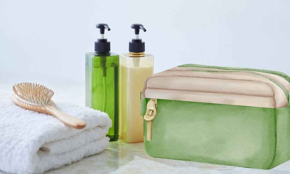 Solid shampoo bar and conditioner bar beside a clear TSA-approved zip-lock toiletry bag on a bathroom counter