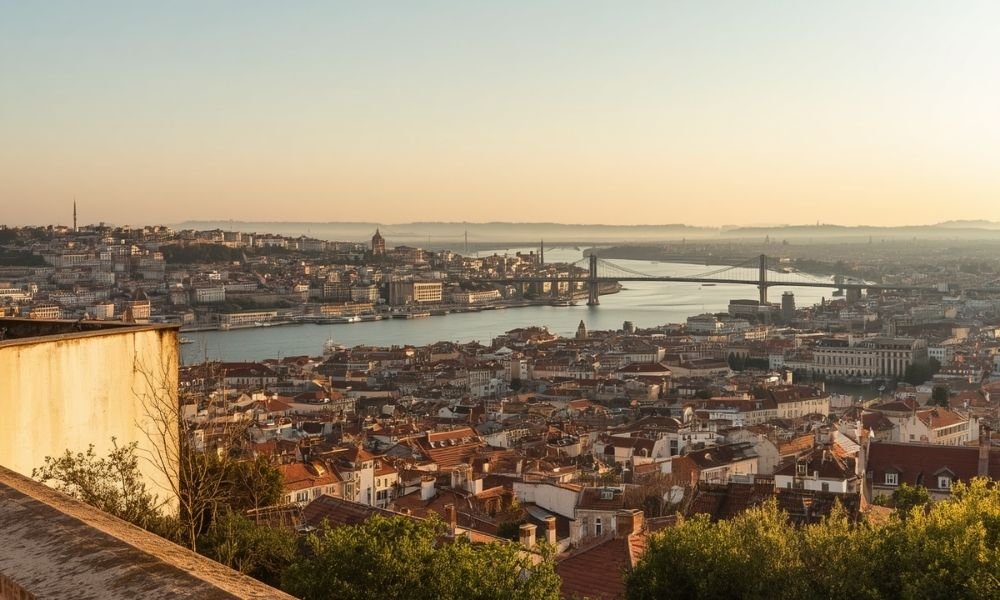 `Panoramic view of the Tagus River and Lisbon from the rooftop terrace of Belém Tower`