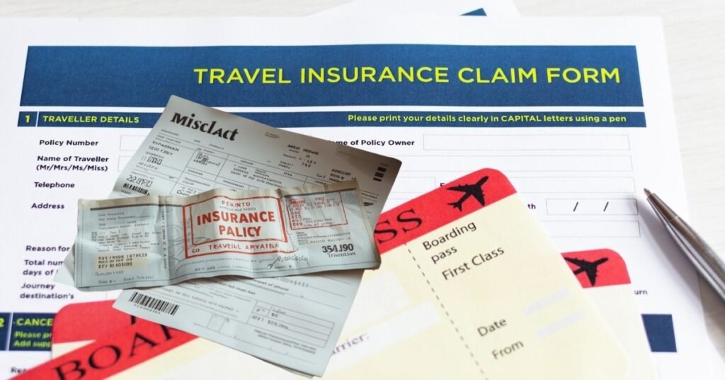 Crumpled paper airline ticket and expired travel insurance policy stamped in red on a messy hostel bed