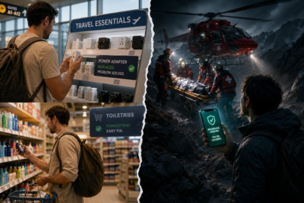 Split-scene travel illustration showing replaceable travel items on one side and a medical emergency rescue on the other, emphasizing the importance of travel insurance.