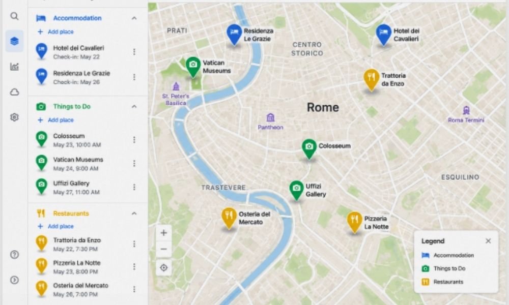 A color-coded custom travel map featuring distinct blue, green, and yellow icons for easy visual trip planning.