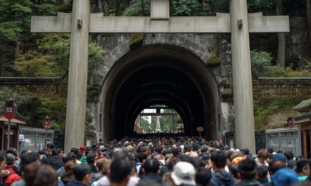 Crowded torii gate path at Fushimi Inari during peak daytime hours, Kyoto