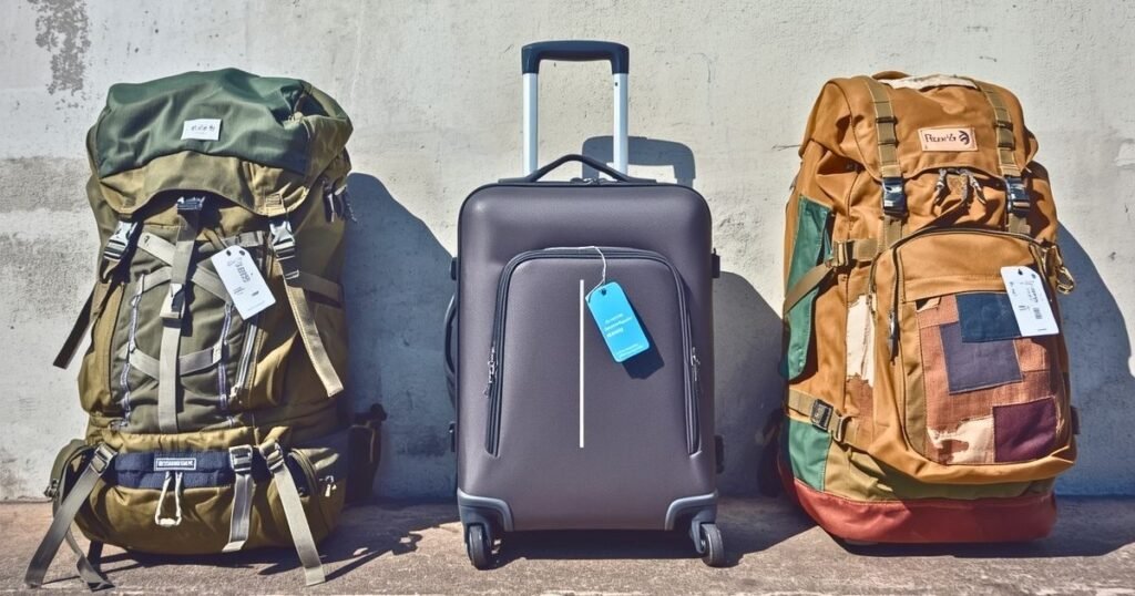 Three different backpacks with airline tags lined against a concrete wall in harsh midday sun