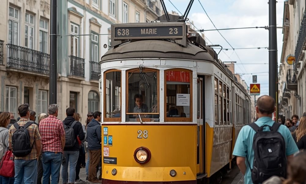 Tourists queuing for Tram 28 at Martim Moniz stop in Lisbon Shows the real, crowded version readers are being warned about, reinforces the point visually