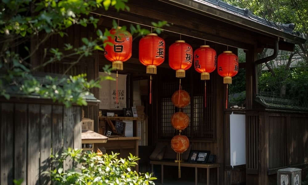 `Traditional machiya guesthouse exterior in the Higashiyama district of Kyoto`
