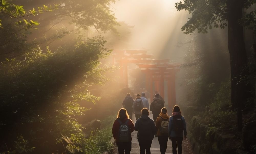 Small guided tour group walking the upper Fushimi Inari mountain trail at dawn, Kyoto