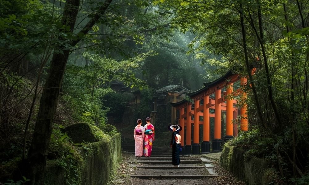 `Quiet upper trail near the Yotsutsuji intersection at Fushimi Inari Shrine, Kyoto`