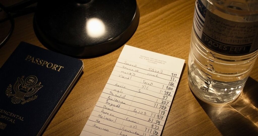 Foreign hospital receipt with handwritten numbers on a hostel desk next to a passport and water bottle
