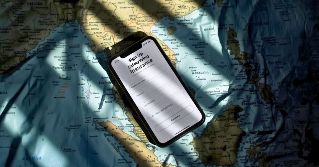 Smartphone showing a simple insurance signup page resting on a rumpled map of Southeast Asia in a dark room