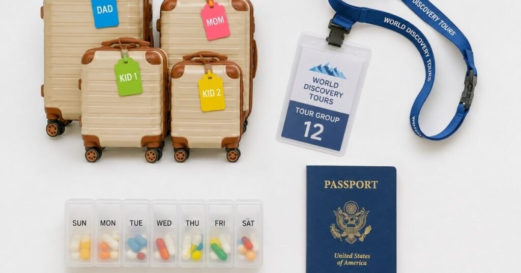 Flat lay of family luggage, tour badge, pill organizer, and American passport representing travelers who may need different insurance