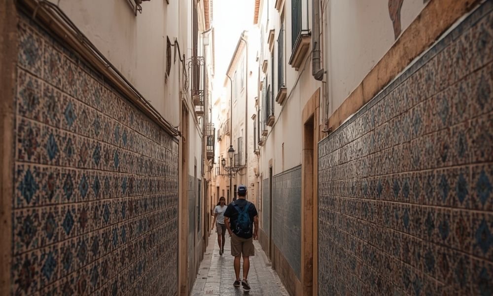 Narrow tiled alley in Alfama district Lisbon with traditional azulejo tile facades