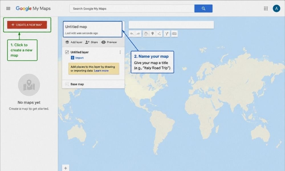 A screenshot of the initial blank interface layout in Google My Maps, highlighting where to create and name a new trip map.