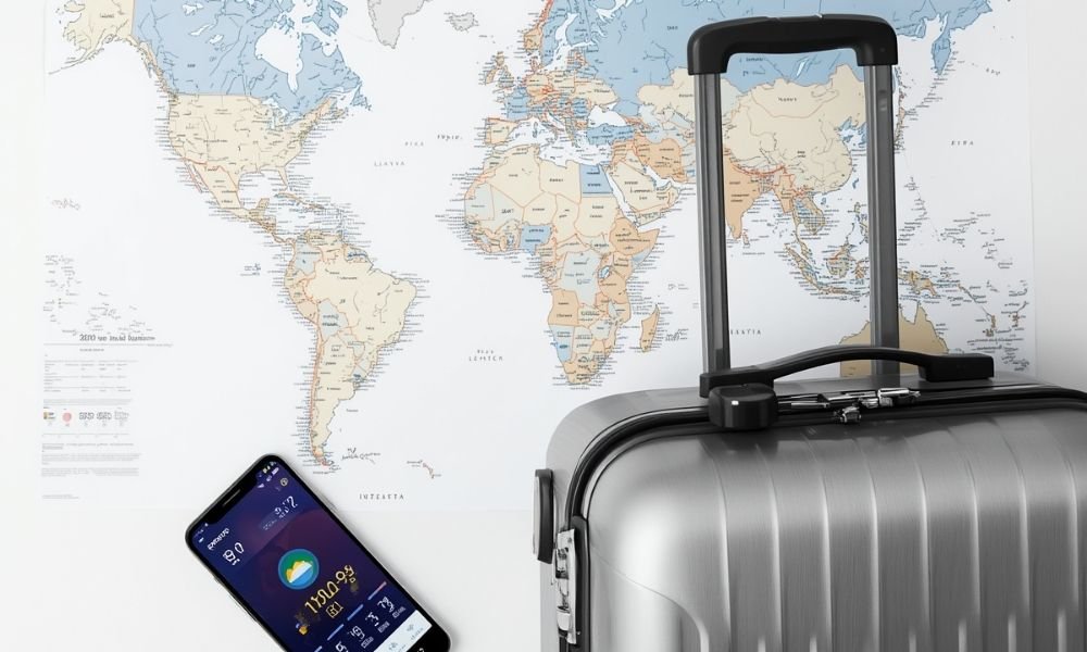 Flat-lay of a world map, smartphone showing a weather forecast, and a carry-on suitcase on a white background