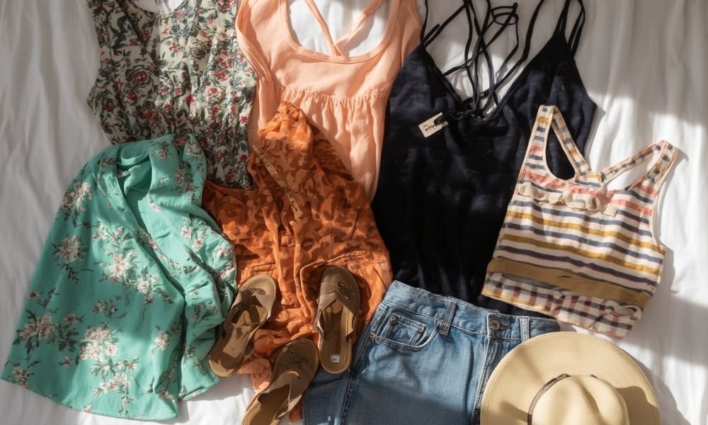 Flat lay of seven mix-and-match clothing items for solo female travel packing on white hostel bed
