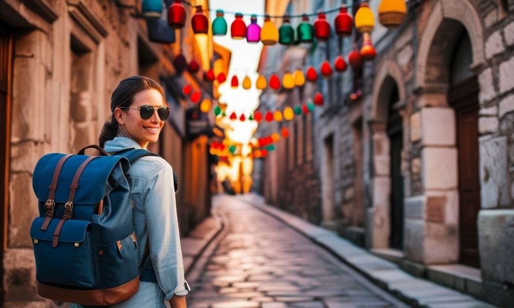 Woman walking confidently on cobblestone street with small backpack, early morning light in foreign city