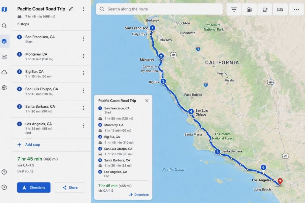 A multi-stop driving route highlighted across an online map interface, showing a connected road trip itinerary.