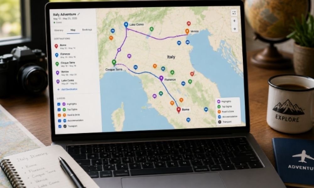 A laptop screen open to a custom digital map showing color-coded pins and routes for trip planning.